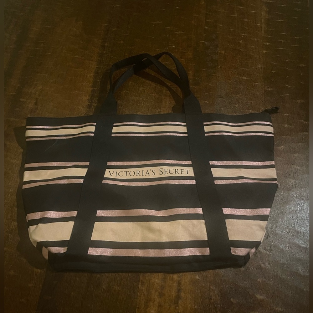 Victoria secret black and pink tote bag with zipper closure